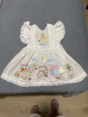 Vintage Hand-Embroidered White Lawn Pinafore Dress with Farm Scene